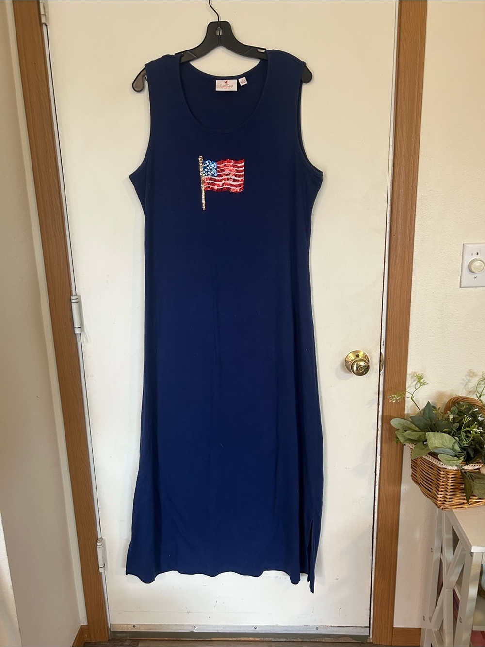 Quacker Factory Large  Navy Sleeveless Maxi Dress with Sequince American Flag